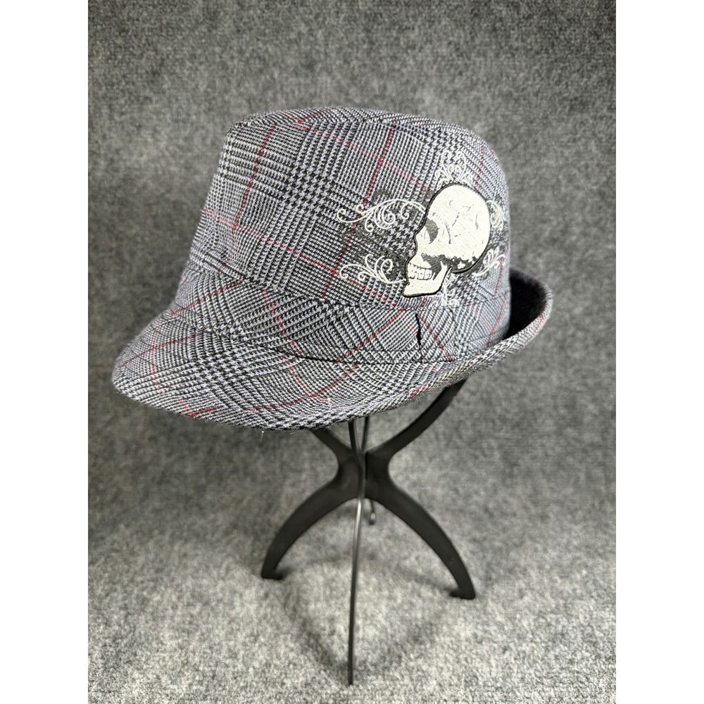 Granule Mens Glen Plaid Skull Fedora Hat Grey Black Red Check Streetwear